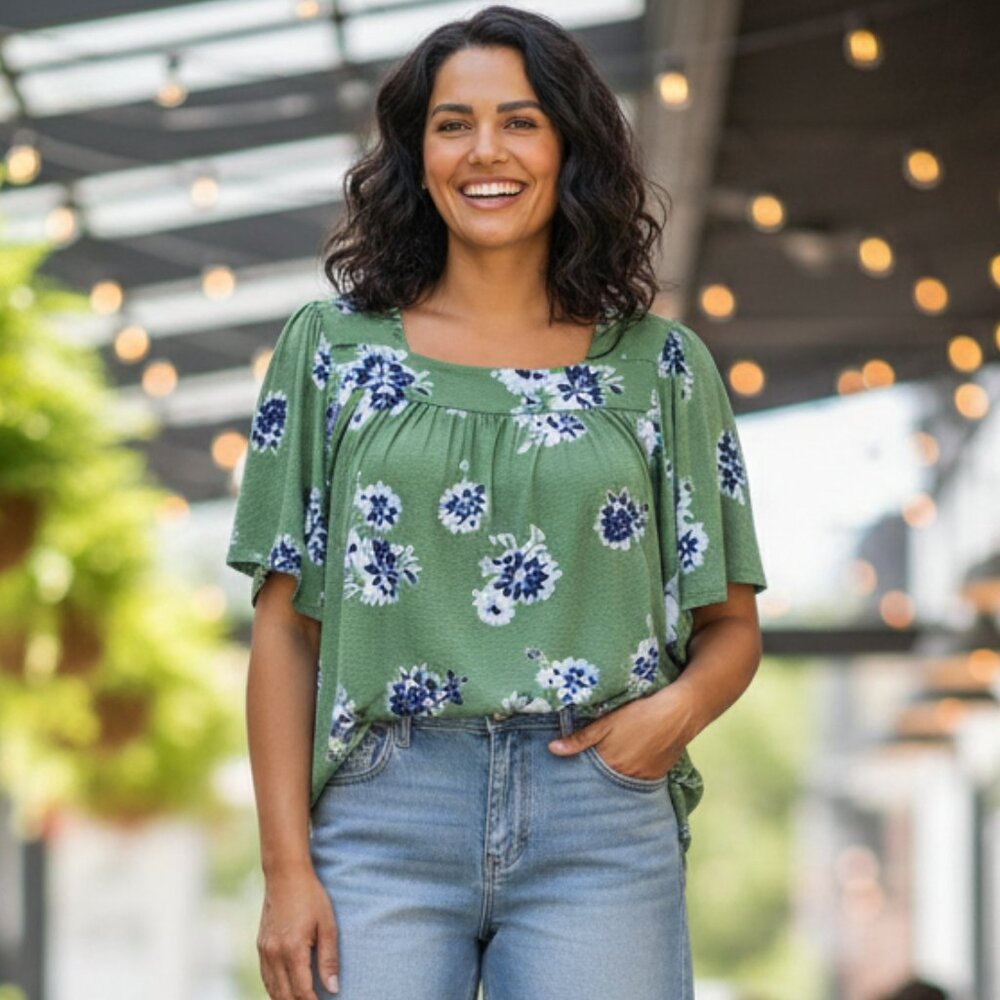 Lucky Brand Cotton/Modal Square Neck Green Floral Boho Shirt, Size XXL